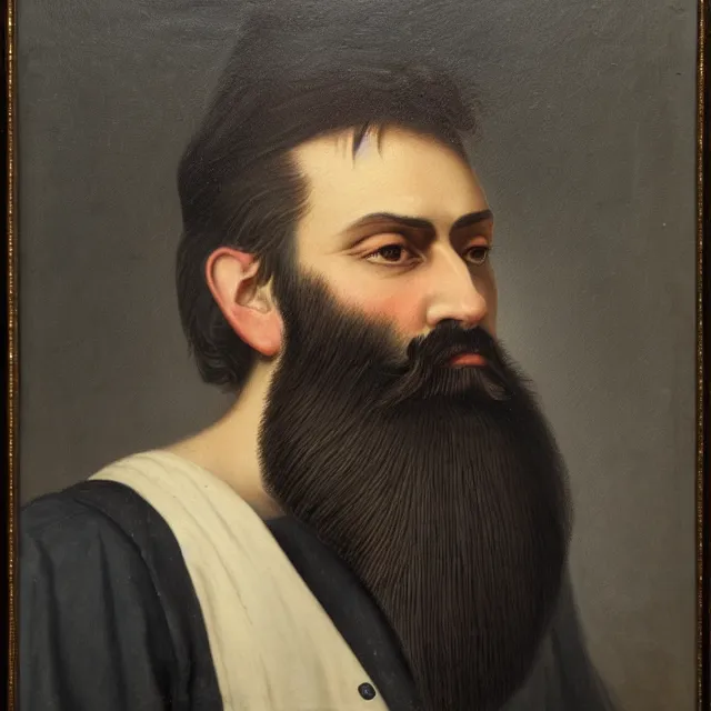 Prompt: a striking portrait of a bearded man in his 3 0 s, he has grey streaks in his beard, detailed, oil painting