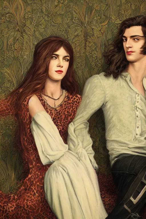 Image similar to a portrait of handsome young male 1960s rock star with long hair and his elegant beautiful 1960s bohemian wife, bored, illustration, dramatic lighting, soft details, painting oil on canvas, art nouveau, octane render, HDR, 4k, 8k, HD, by Edmund Blair Leighton, Brom, Charlie Bowater, trending on artstation, faces by Tom Bagshaw, Sargent