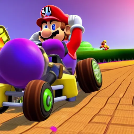 Image similar to Thanos in Mario Kart game, screenshot, realistic,