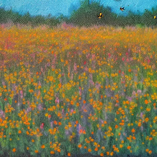 Prompt: impressionist painting of bees pollinating a field of flowers