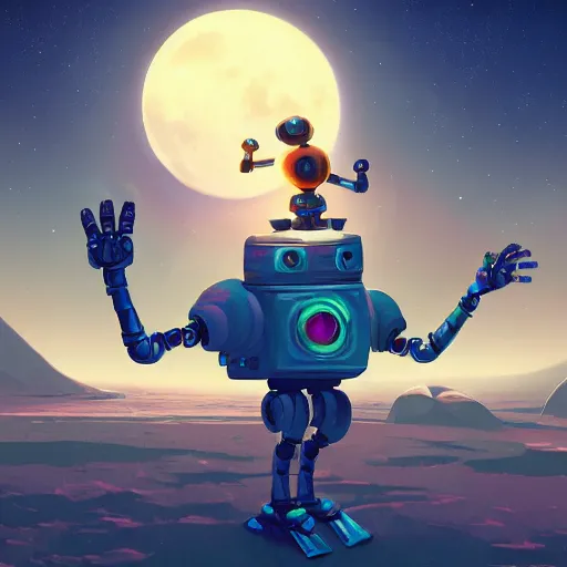 Prompt: Joyous robot dancing with arms up on the moon, fantasy, intricate, elegant, highly detailed, digital painting artstation, blender, unreal engine 5, octane render, smooth, sharp focus, illustration, by Anton Fadeev and Philipp A. Urlich and Pengzhen Zhang and Andreas Rocha