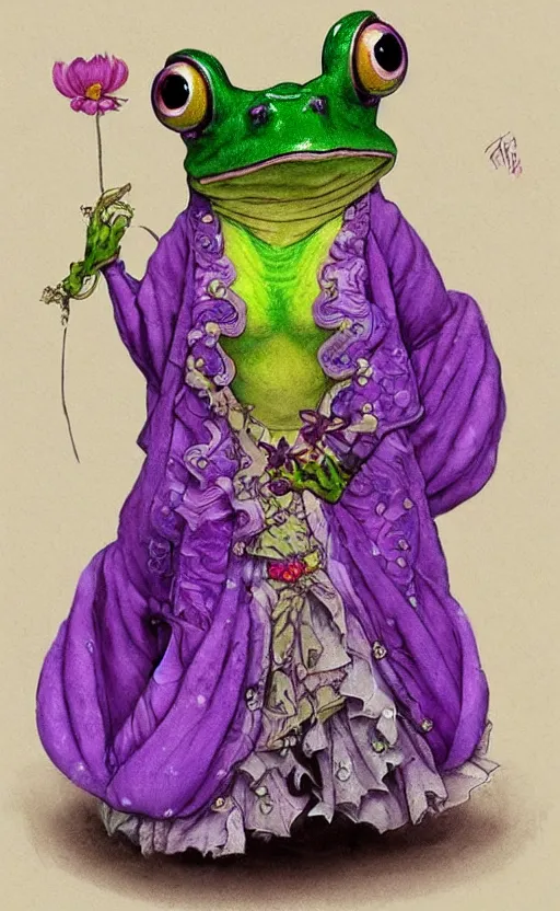 Image similar to cute purple female frog in enchanted rococo hanbok, full character, concept art, trending on artstation, in the style of alexander mcqueen, alexander jansson, jean - baptiste monge, george frederic watts