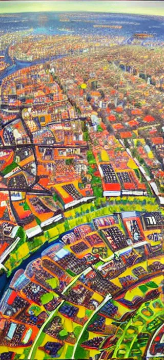 Image similar to a large oil painting of a drone view of amsterdam