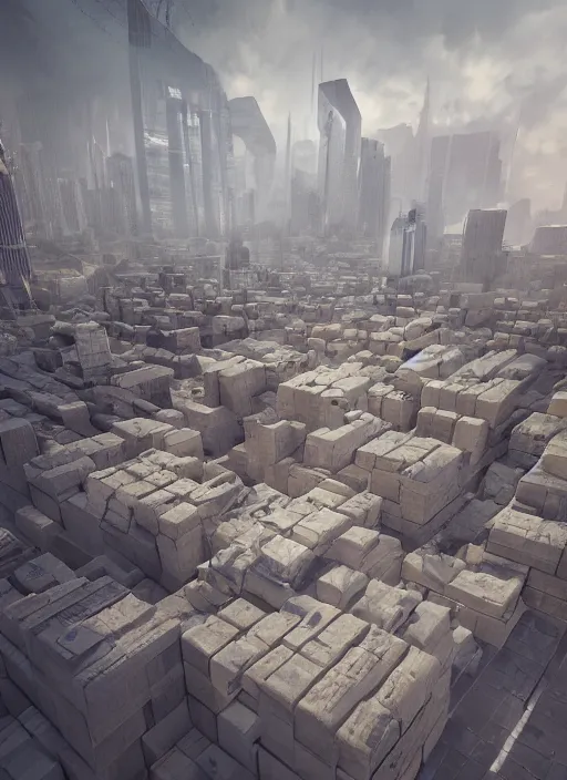 Image similar to A dystopian future in a city made of life-size Jenga blocks, evil, demonic, angelic, environment concept, Rendered in Octane, trending on artstation, cgsociety, moody lighting rendered by octane engine, environment 8K artstation, cinematic lighting, intricate details, 4k detail post processing, hyperealistic, octane render, photo realism
