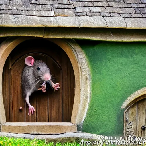 Prompt: rat looking out front door of bag end in hobbiton