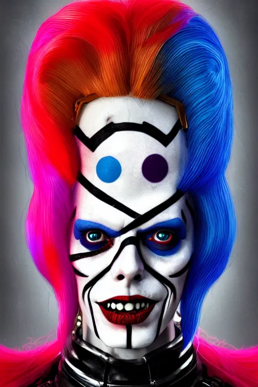 Prompt: portrait of david bowie as a harley quinn in suicide squad. intricate abstract. intricate artwork. by tooth wu, wlop, beeple, dan mumford. octane render, trending on artstation, greg rutkowski very coherent symmetrical artwork. cinematic, hyper realism, high detail, octane render, 8 k, iridescent accents