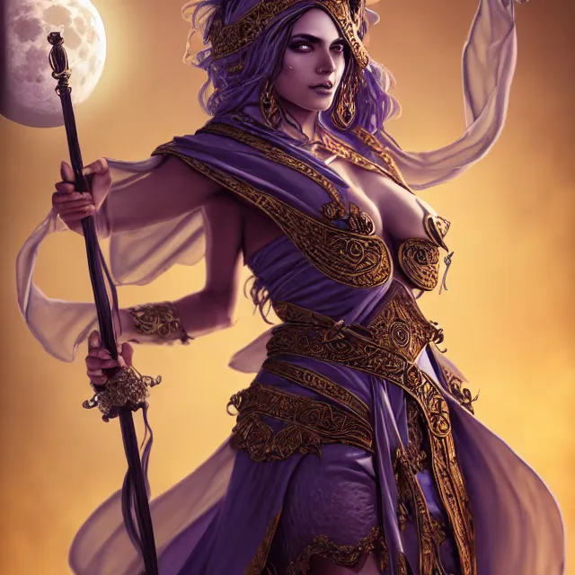 Image similar to beautiful elemental moon witch with ornate robes and staff, highly detailed, 4 k, hdr, smooth, sharp focus, high resolution, award - winning photo, artgerm, photorealistic