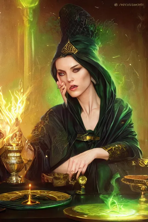 Image similar to a sorceress wearing a black robe with gold embroidery, sitting at table, casting a spell, green glows, painted by artgerm and tom bagshaw, in the style of magic the gathering, highly detailed digital art