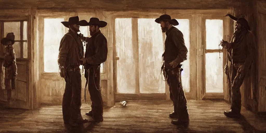 Prompt: in an old west cabin, close up portrait of beautiful Mila Jovovich (alone) in the doorway (left) and Dave Bautista cowboy standing ((alone)) at the window (right), arguing, in the style of Fredrick Remington, oil painting, cinematic