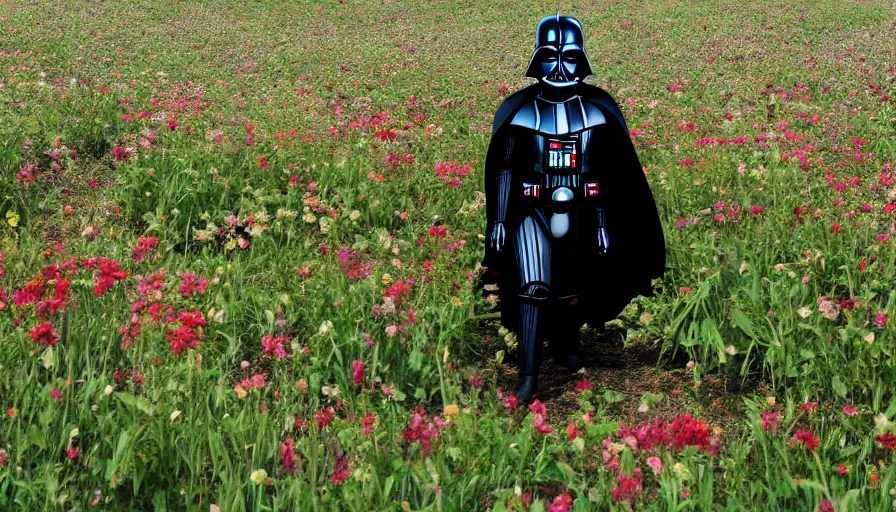 Image similar to wide shot of darth vader going through a field of flowers, realistic, detailed