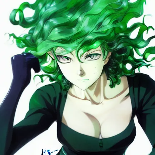 Image similar to tatsumaki from one punch man, green wavy hair, black dress, fine details, sharp focus, intricate, realistic shaded perfect face, by cushart krenz makoto shinkai artgerm ilya kuvshinov rossdraws