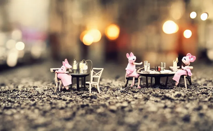 Prompt: mini cafe diorama macro photography, mice on a date, ambient, atmospheric photograph, string lights, romantic