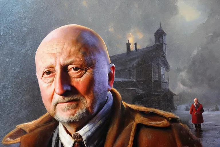 Prompt: portrait of donald pleasents in an overcoat outside smiths grove, an oil painting by ross tran and thomas kincade