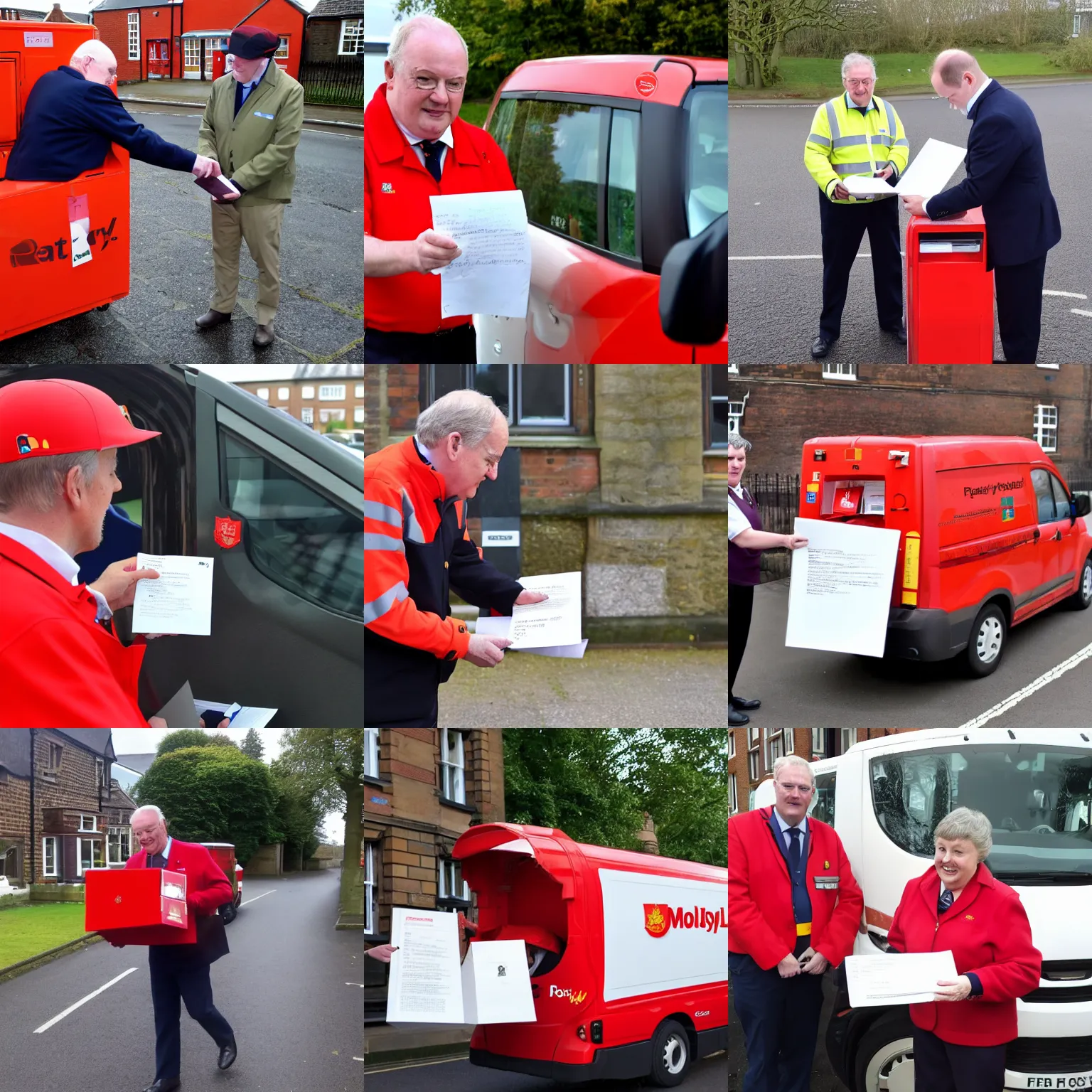Prompt: royal mail pat posty delivering letters