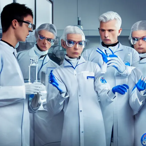 Prompt: sixtuplets, white hair, tight light blue neopren space uniforms, futuristic chemistry lab, sci - fi, highly detailed, cinematic