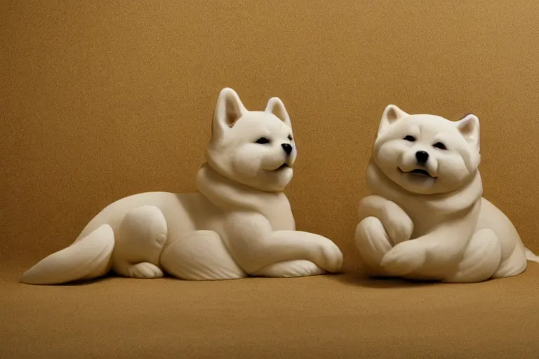 Image similar to a very beautiful intricately shaped organic sculpture carved from steamed buns depicting a shiba inu. studio lighting, high resolution, high quality, dark background