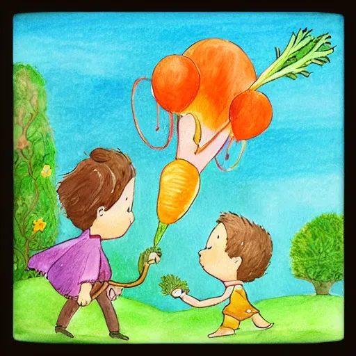 Prompt: “a prince and a gardener flying on a giant carrot, above a forest and princesses kingdom, childrens book illustration, pencil and watercolour”