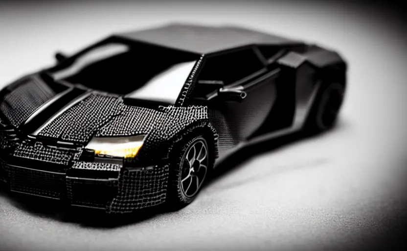 Image similar to black lego lamborghini. soft light. dark background. cinematic. intricate. close - up shot. highly detailed