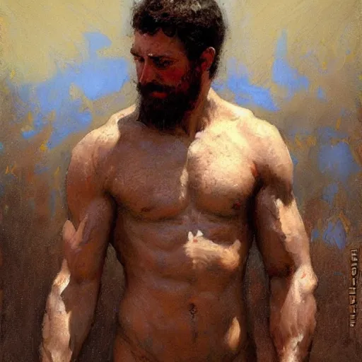 Prompt: a man with a herculean body type, painting by Gaston Bussiere, Craig Mullins