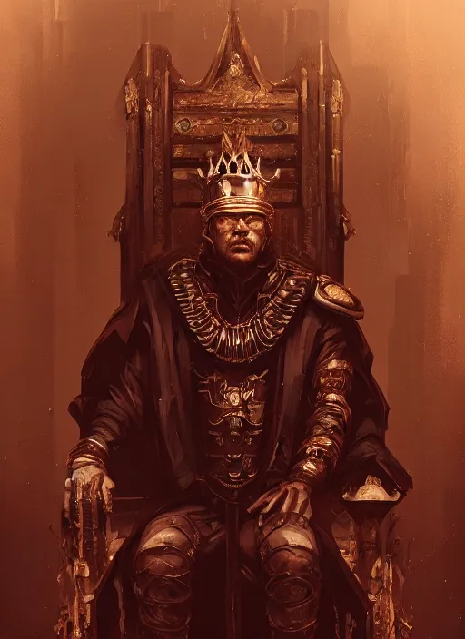 Image similar to a portrait of an old king on the throne, cyberpunk, grim - lighting, high - contrast, intricate, elegant, highly detailed, digital painting, artstation, concept art, smooth, sharp focus, illustration