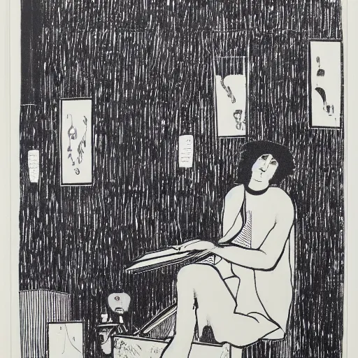 Prompt: Moodymann browsing a crate of reocrds, black ink illustration, woodblock print, by Aubrey Beardsley