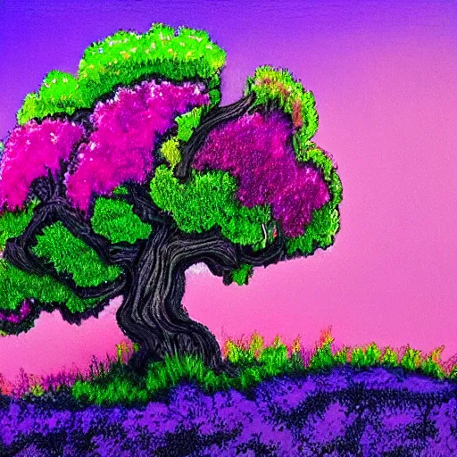 Prompt: a pink and purple tree in the style of Bob Ross