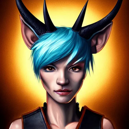 Image similar to illustrated realistic tilted head portrait female prong-horned kobold with blue bob hair and solid dark eyes wearing strap leather armor, orange glow, backlit by rossdraws