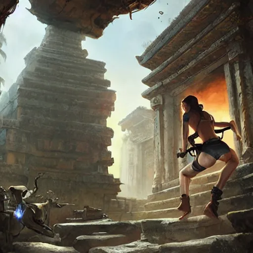 Image similar to lara croft stealing a catalytic convertor, that is on a trapped pedastal, from inside a temple, temple run, painted by greg rutkowski