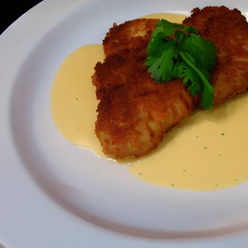 Prompt: schnitzel on orange gravy, mashed potatoes, Michelin star, award winning