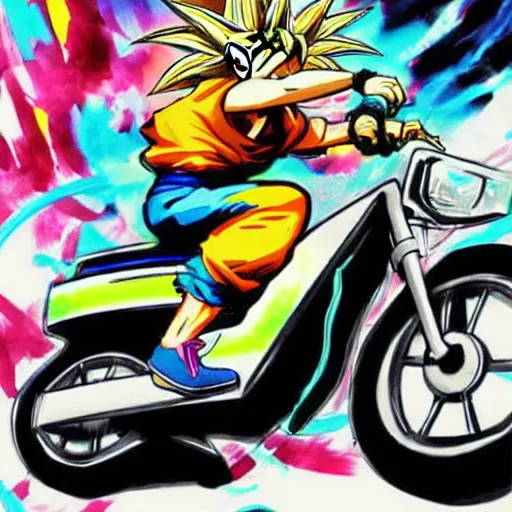 Image similar to Goku riding a electric neon bike, Yoji Shinkawa