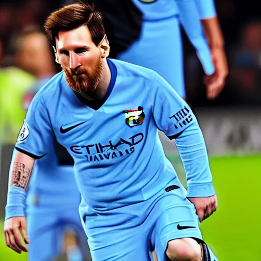 Image similar to messi playing in manchester city kit with pep guardiola, high - res photorealistic