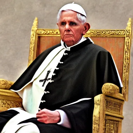 Image similar to sitting in big chair is pope benedict as chancelor palpatine in star wars episode 3, 8 k resolution, cinematic lighting, anatomically correct