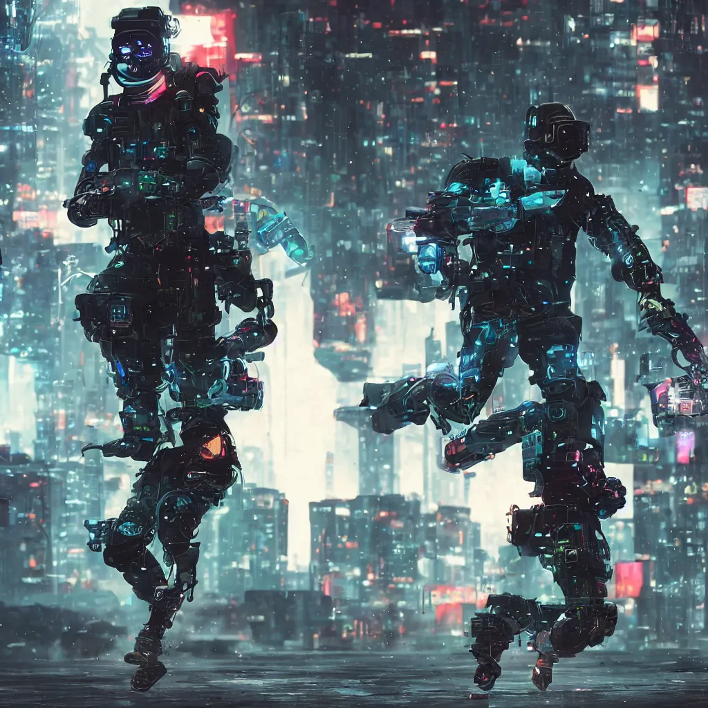 Image similar to a cyberpunk soldier running in full speed