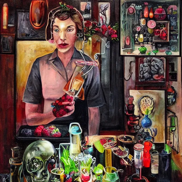 Prompt: dark kitchen of an art student, portrait of a female nurse holding a brain, japanese vase, tropical houseplants, honey dripping from ceiling, berries dripping juice, pancakes, pomegranate, berries, alpaca sculpture, octopus, scientific glassware, neo - expressionism, surrealism, acrylic and spray paint and oilstick on canvas