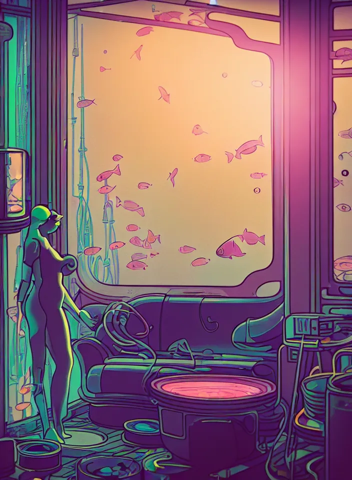 Image similar to telephoto 7 0 mm f / 2. 8 iso 2 0 0 photograph depicting the feeling of chrysalism in a cosy safe cluttered french sci - fi ( art nouveau ) cyberpunk apartment in a pastel dreamstate art cinema style. ( living room ) ( ( fish tank ) ), ambient light.