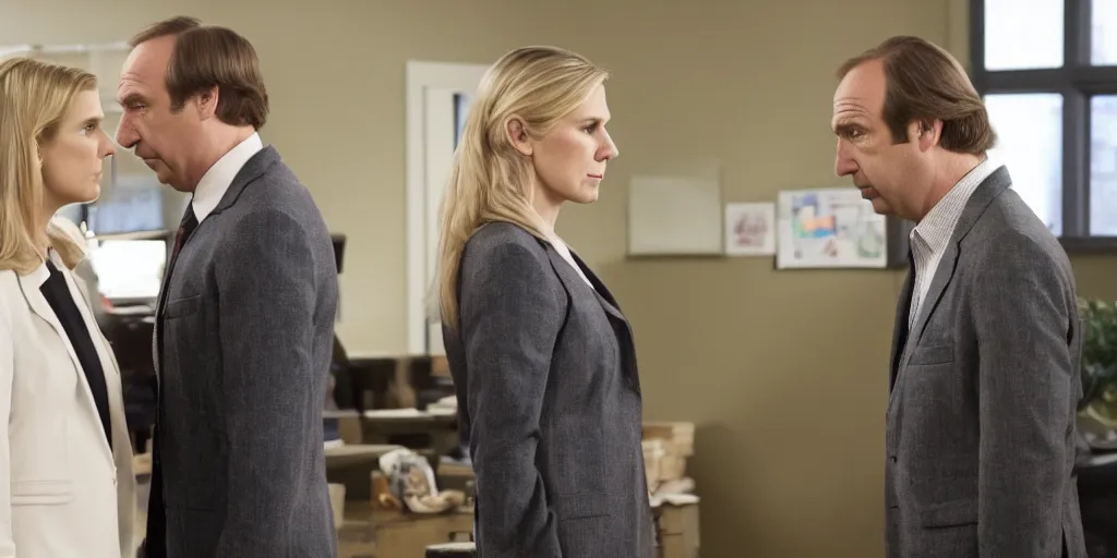 Prompt: saul goodman and kim wexler in severance setting