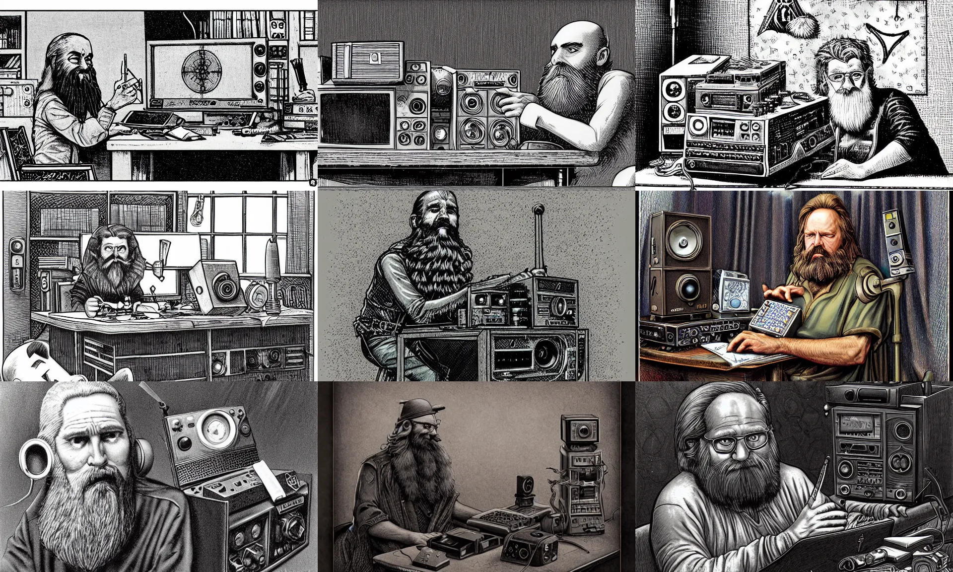 Prompt: wizard, bearded man, radio equipment, desk, tome, by Ed Binkley