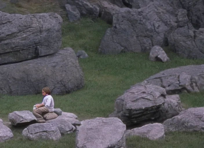 Prompt: screenshot of Luke Skywalker using the force to make rocks float around him, sitting outside on the rocky jedi temple, famous scene from the last jedi, 1980s film directed by Stanley Kubrick cinematic lighting, moody cinematography, with anamorphic lenses, crisp, detailed portrait, 4k image