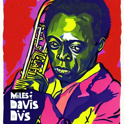 Prompt: miles davis in the style of daniel johnston and ghanian film poster, 4k