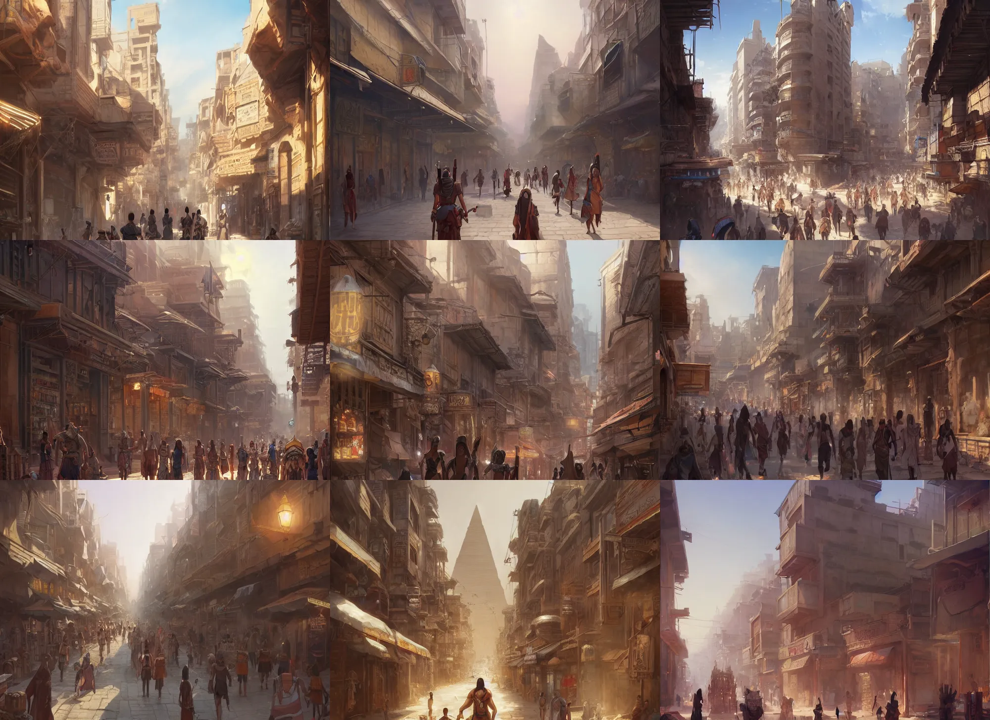 Prompt: Main street in an epic ancient Egyptian-style city at midday, anime, cinematic, a fantasy digital painting by Greg Rutkowski and James Gurney, trending on Artstation, highly detailed