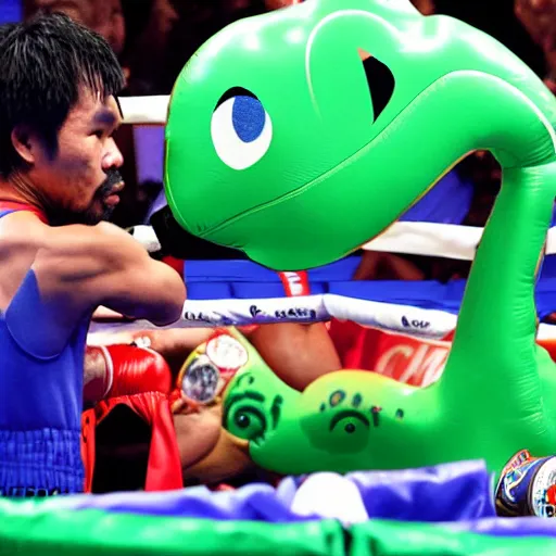 Prompt: manny pacquiao boxing an inflatable dinosaur