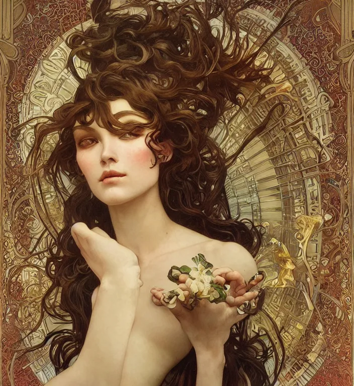 Image similar to unreal engine render + a goddess, smooth, coherent, high detailed, by Karol Bak outlines by Alphonse Mucha, featured on artstation, instagram HD, unreal engine