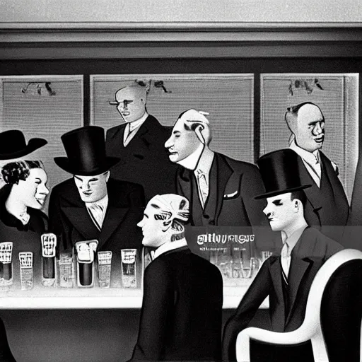 Prompt: business people standing at the bar in 1 9 4 0, top hats, business suits, beer, art deco style, simple shapes