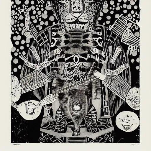 Image similar to b & w illustration of mayan jaguar warrior, resolved, showing conviction or humor by a gloomy silence or reserve, by studio multi and victo ngai, malika favre, william s burroughs, cut up film