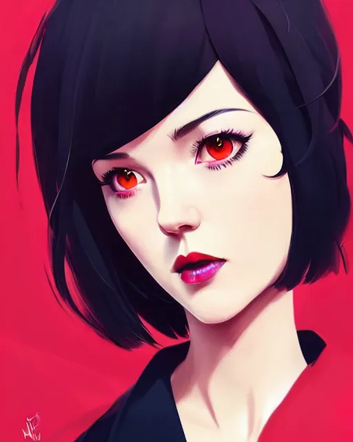 Prompt: style of ilya kuvshinov, artgerm, loish : : gorgeous mary elizabeth winstead : : evil sorceress, swirling black magic, black dress : : symmetrical face, symmetrical eyes : : full body pose : : gorgeous red hair : : cinematic lighting : :