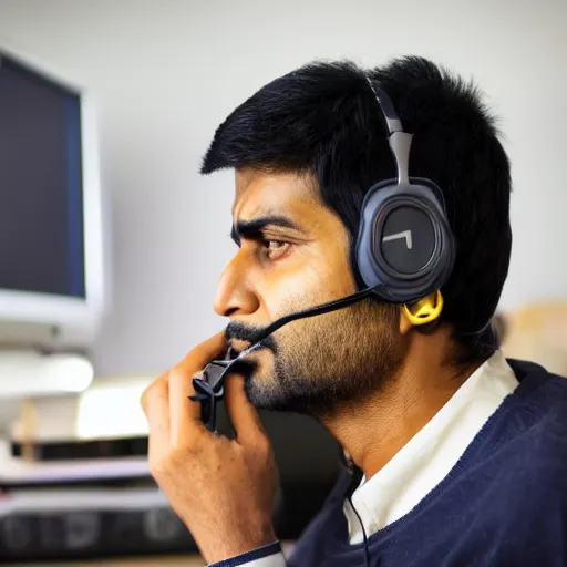 Prompt: Angry Indian man wearing headphones and using his old computer, at job headquarters, dslr photo