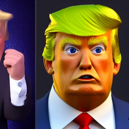 Image similar to 3 d render of donald trump, character design by pixar, hyperrealistic, octane render, dynamic lighting, cgsociety