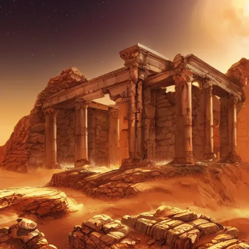 Prompt: ancient ruins in mars, retrowave epic art, trending in art station