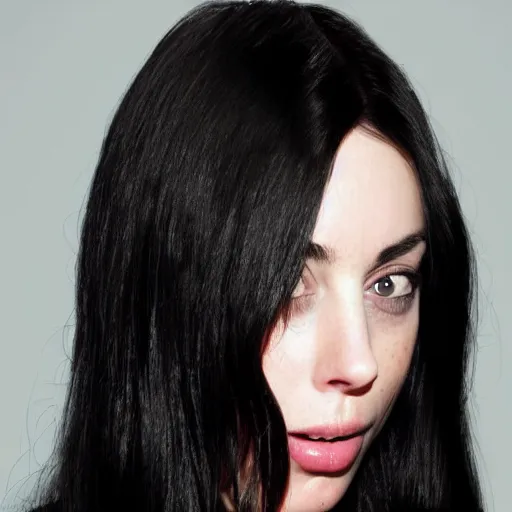 Image similar to a girl with long black hair and a side part, her face is a mix between aubrey plaza, krysten ritter and lucy hale