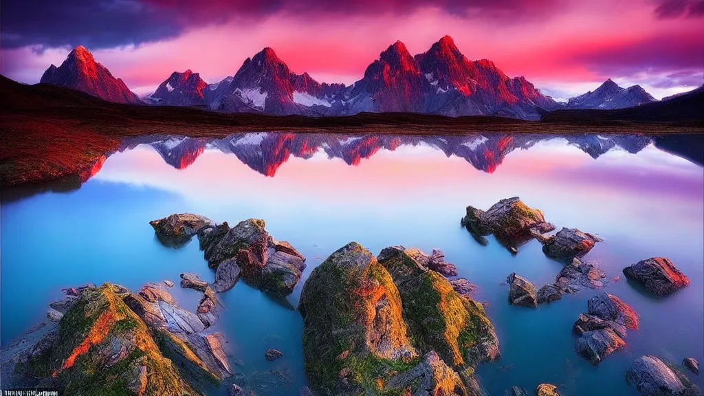 Image similar to amazing landscape photo of mountains with lake in sunset by marc adamus, beautiful dramatic lighting